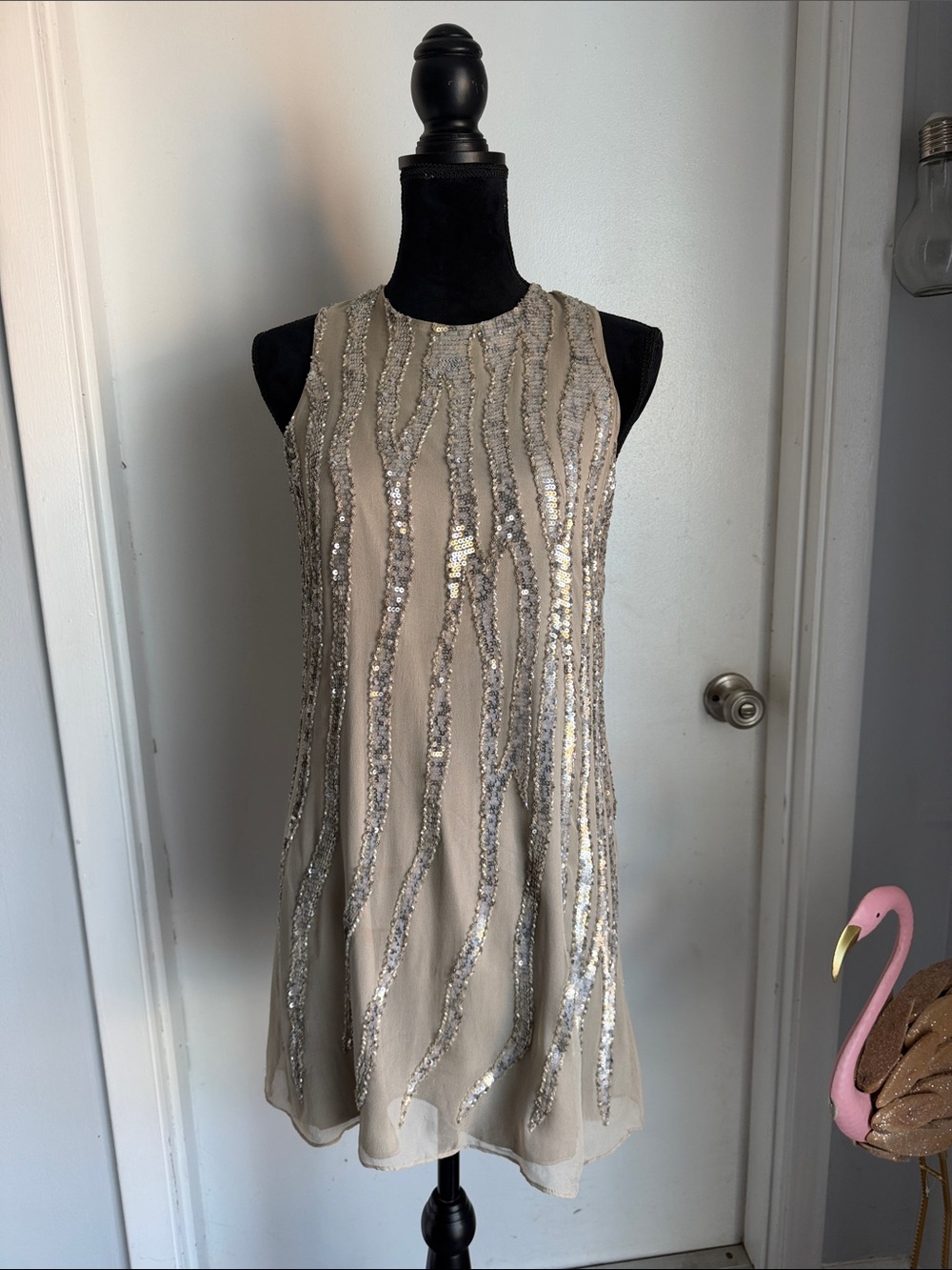 Parker New York Beige Sequin Sleeveless silk Shift Dress.